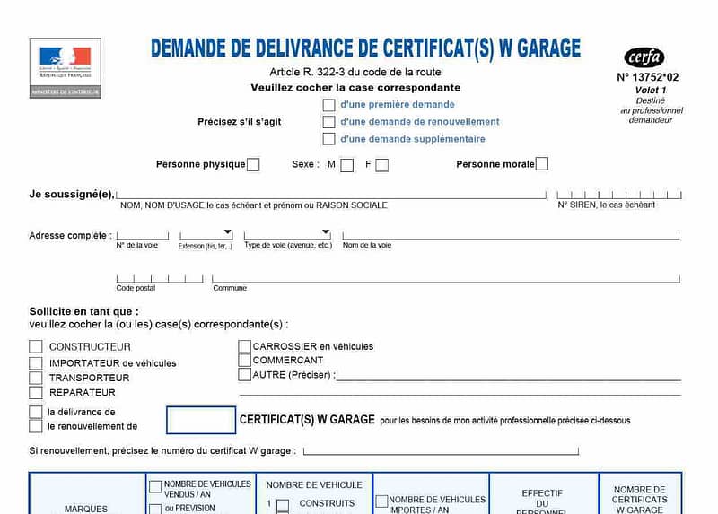 Request of W Garage certificate